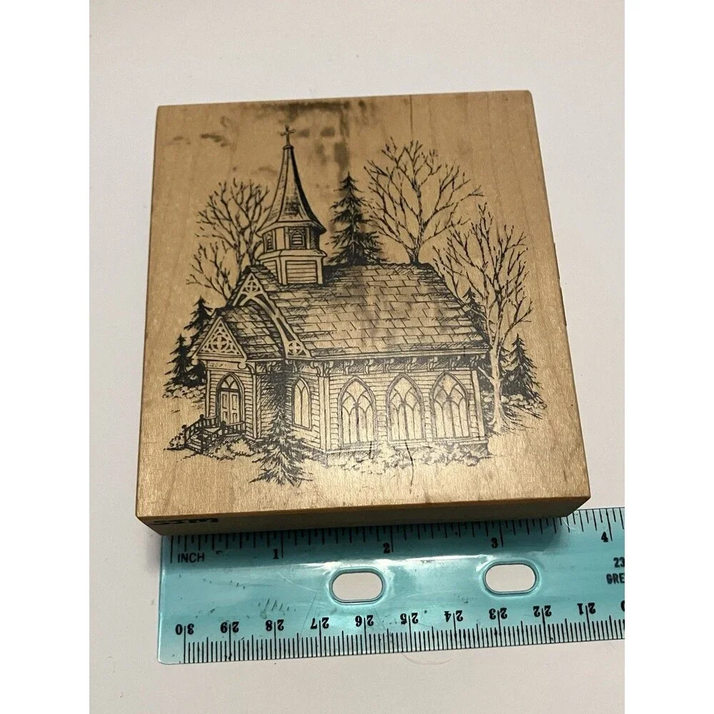 PSX Country Church Winter scene Rubber Stamp Wood Mount K-1912 vintage 1996